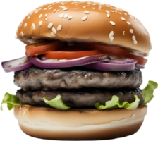 Homemade burger delight, juicy patty with garden-fresh vegetables isolated. AI-Generated. png