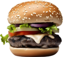 Homemade burger delight, juicy patty with garden-fresh vegetables isolated. AI-Generated. png