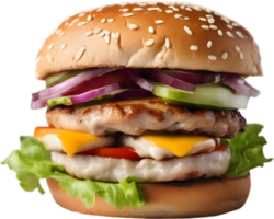 Homemade burger delight, juicy patty with garden-fresh vegetables isolated. AI-Generated. png