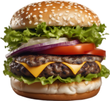 Homemade burger delight, juicy patty with garden-fresh vegetables isolated. AI-Generated. png