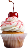 Cherry-topped cupcake with frosting, ideal for dessert inspiration. AI-Generated. png