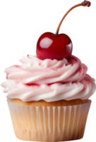 Cherry-topped cupcake with frosting, ideal for dessert inspiration. AI-Generated. png