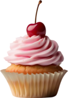 Cherry-topped cupcake with frosting, ideal for dessert inspiration. AI-Generated. png