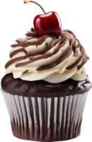 Cherry-topped cupcake with frosting, ideal for dessert inspiration. AI-Generated. png