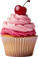 Cherry-topped cupcake with frosting, ideal for dessert inspiration. AI-Generated. png