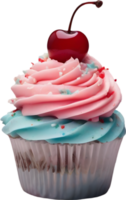 Cherry-topped cupcake with frosting, ideal for dessert inspiration. AI-Generated. png