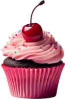 Cherry-topped cupcake with frosting, ideal for dessert inspiration. AI-Generated. png