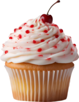 Cherry-topped cupcake with frosting, ideal for dessert inspiration. AI-Generated. png