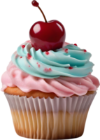 Cherry-topped cupcake with frosting, ideal for dessert inspiration. AI-Generated. png