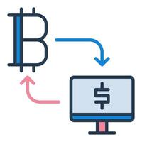 Bitcoin and PC connected with Arrows Cryptocurrency colored icon or sign vector