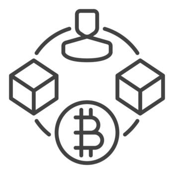 Blocks connected with Man and Bitcoin Blockchain Technology linear icon or symbol vector