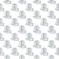 Hand holding Bitcoin Cryptocurrency seamless pattern in outline style vector