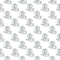 Hand holding Bitcoin Cryptocurrency seamless pattern in outline style vector