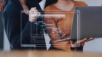 Project manager working with Gantt chart schedule to plan tasks and deliverables. Scheduling activities with a planning software, Corporate strategy for finance, operations, sales, marketing. video