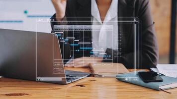 Project manager working with Gantt chart schedule to plan tasks and deliverables. Scheduling activities with a planning software, Corporate strategy for finance, operations, sales, marketing. video