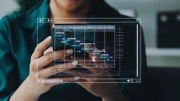 projeto Gerente trabalhando com Gantt gráfico cronograma para plano tarefas e entregas. agendamento Atividades com uma planejamento Programas, corporativo estratégia para finança, operações, vendas, marketing. video