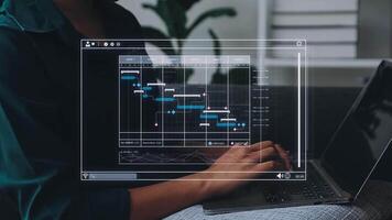 projeto Gerente trabalhando com Gantt gráfico cronograma para plano tarefas e entregas. agendamento Atividades com uma planejamento Programas, corporativo estratégia para finança, operações, vendas, marketing. video