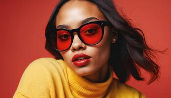 photo of beautiful african woman with style sunglasses standing against red and yellow background,