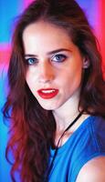 photo of beautiful european woman standing pose with colorful red and blue abstract light ,