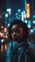 photo of beautiful adult african woman with hood coat standing posing for picture at night future city,