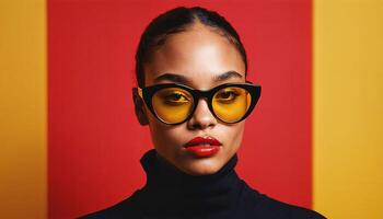 photo of beautiful african woman with style sunglasses standing against red and yellow background,