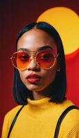 photo of beautiful african woman with style sunglasses standing against red and yellow background,