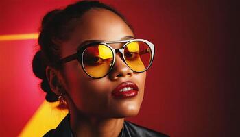 photo of beautiful african woman with style sunglasses standing against red and yellow background,