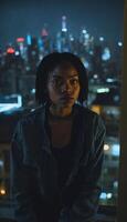 photo of beautiful adult african woman standing posing for picture at night future city in background,