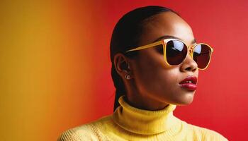 photo of beautiful african woman with style sunglasses standing against red and yellow background,