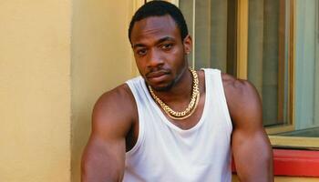 photo of black person man with white tank top in neighborhood ,