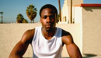 photo of black person man with white tank top in neighborhood ,