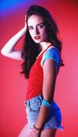 photo of beautiful european woman standing pose with colorful red and blue abstract light ,