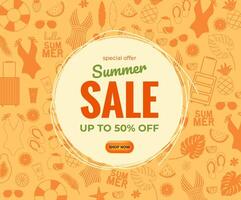 Summer sale banner with icons of fruits, swimsuits, sunglasses and discount text. Season promotion illustration in orange color vector