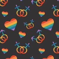 Seamless pattern with rainbow flag elements, gender signs, LGBTQ symbols, slogan and phrases vector