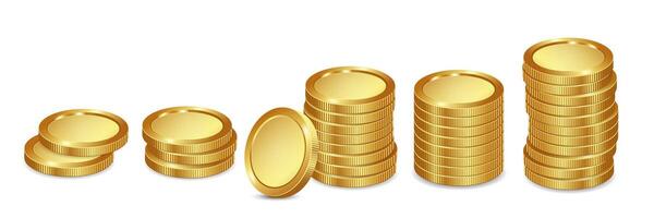 Stack of golden 3d coins. Realistic gold coin on white background. vector