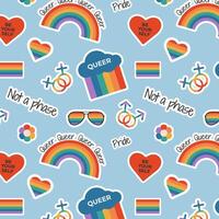 Seamless pattern with rainbow flag elements, gender signs, LGBTQ symbols, slogan and phrases vector