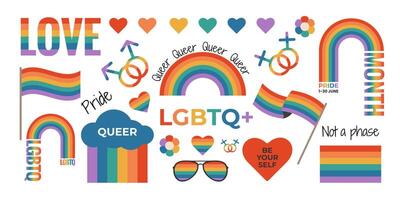 Set of LGBTQ clipart with rainbow flag elements, gender signs, pride month symbols, slogan and phrases. Gay parade celebration. vector