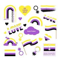 Non-Binary clipart set with pride flag and gender identity symbol in yellow and purple colours. vector
