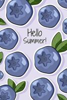 Hello summer. Colorful postcard, banner, poster template with blueberries fruit. vector