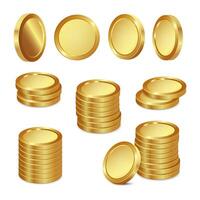 Set of realistic golden coins on white background. Stack of golden 3d coins. vector