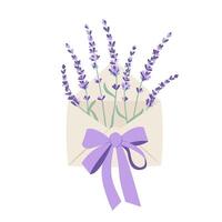 Envelope with lavender flowers and bow. Isolated illustration in flat style vector