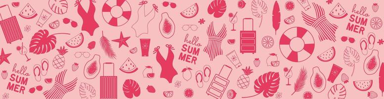 Summer background with icons of fruits, swimsuits, sunglasses, spf. Beach theme banner. Illustration in pink color vector