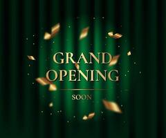 Green curtain with spotlight. Grand openning luxury banner with golden text, foil confetti and glitter. illustration vector