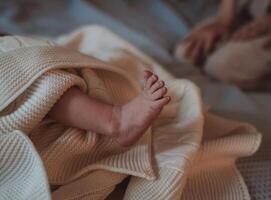 legs of a newborn baby in a beige muslin swaddle. close-up shot photo