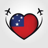 Samoa viaje corazón bandera con avión íconos vector