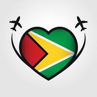 Guyana Travel Heart Flag With Airplane Icons vector