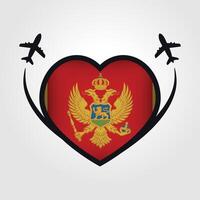 montenegro viaje corazón bandera con avión íconos vector
