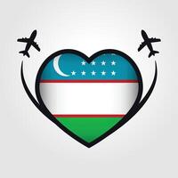 Uzbekistan Travel Heart Flag With Airplane Icons vector