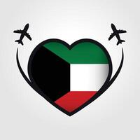 Kuwait viaje corazón bandera con avión íconos vector
