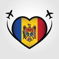 Moldavia viaje corazón bandera con avión íconos vector